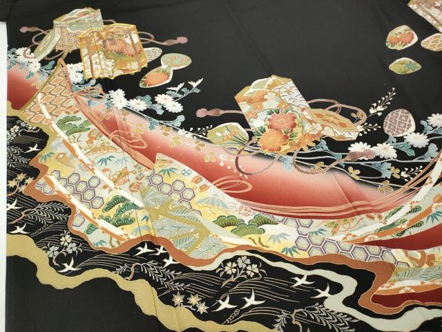 平和屋着物●豪華黒留袖　駒刺繍　几帳貝桶花文　金銀彩　さが美扱い　正絹　逸品　未使用　CABD7283ut