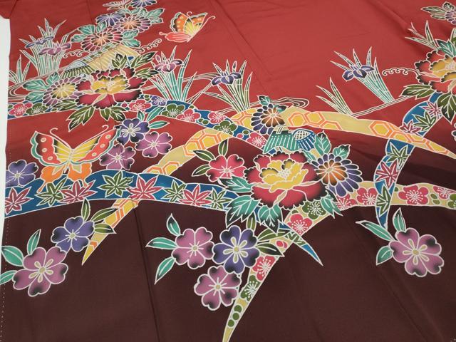 平和屋着物●豪華振袖　紅型　風景花蝶文　暈し染め　正絹　逸品　CABD7285ut