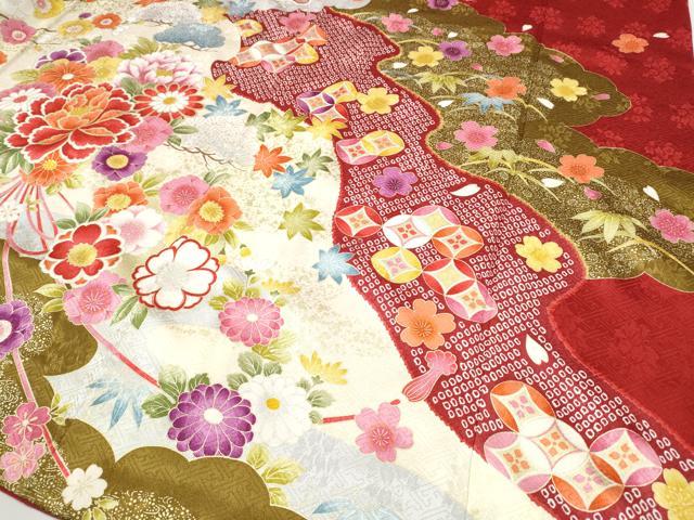 平和屋着物●豪華振袖　刺繍　鞠花文　金彩　正絹　逸品　CABD7294ut
