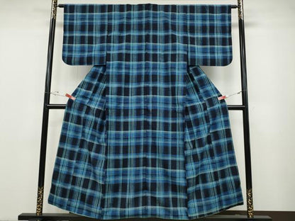 平和屋着物●郡上紬　草木染　格子柄　正絹　逸品　CABD7298ut