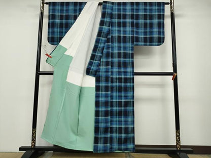 平和屋着物●郡上紬　草木染　格子柄　正絹　逸品　CABD7298ut