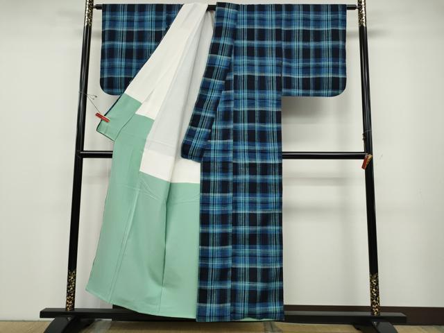 平和屋着物●郡上紬　草木染　格子柄　正絹　逸品　CABD7298ut