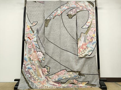 平和屋着物●訪問着　駒刺繍　ふくれ織　熨斗花文　金彩　正絹　逸品　CABD7301ut