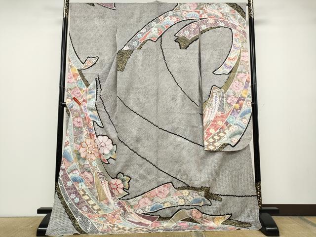 平和屋着物●訪問着　駒刺繍　ふくれ織　熨斗花文　金彩　正絹　逸品　CABD7301ut