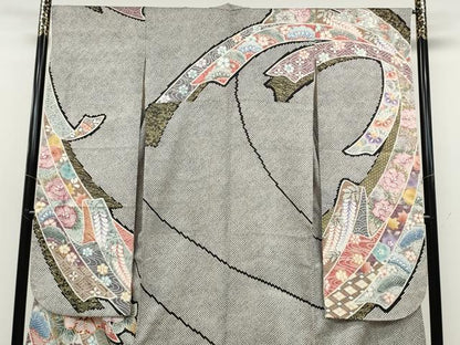 平和屋着物●訪問着　駒刺繍　ふくれ織　熨斗花文　金彩　正絹　逸品　CABD7301ut