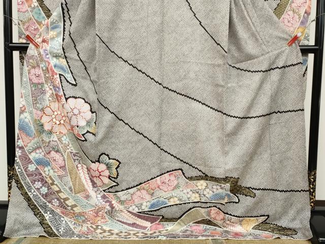 平和屋着物●訪問着　駒刺繍　ふくれ織　熨斗花文　金彩　正絹　逸品　CABD7301ut
