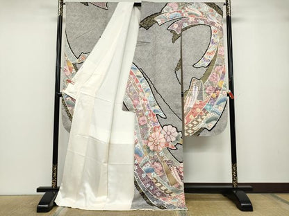 平和屋着物●訪問着　駒刺繍　ふくれ織　熨斗花文　金彩　正絹　逸品　CABD7301ut