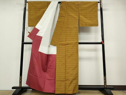 平和屋着物●本場黄八丈　平織　紬　格子柄　正絹　逸品　CABD7303ut