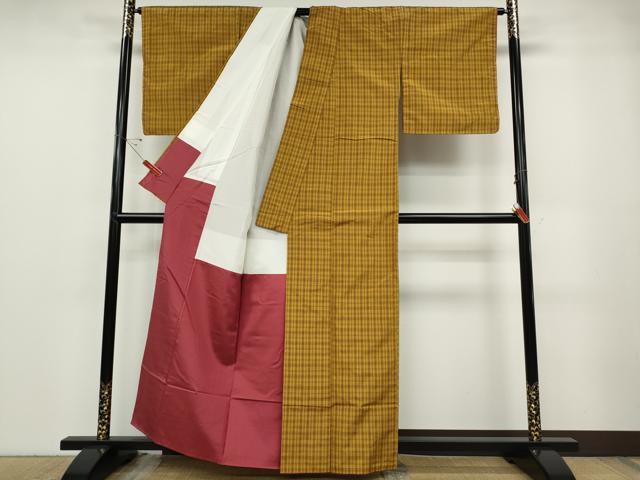 平和屋着物●本場黄八丈　平織　紬　格子柄　正絹　逸品　CABD7303ut