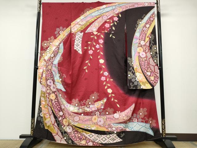 平和屋着物●豪華振袖　駒刺繍　熨斗舞花文　暈し染め　銀通し地　正絹　逸品　CABD7309ut