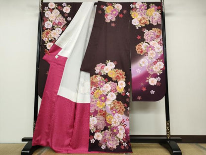 平和屋着物●豪華振袖　刺繍　舞花文　暈し染め　銀通し地　京都きもの友禅　正絹　逸品　CABD7314ut