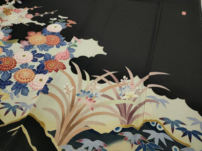 平和屋着物●本加賀友禅作家　百貫華峰　黒留袖　花鳥文　金彩　正絹　逸品　CABD7316ut