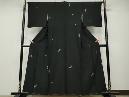 平和屋着物●上質な小紋　総刺繍　菱吉祥文　黒地　金糸　正絹　逸品　CABD7321ut