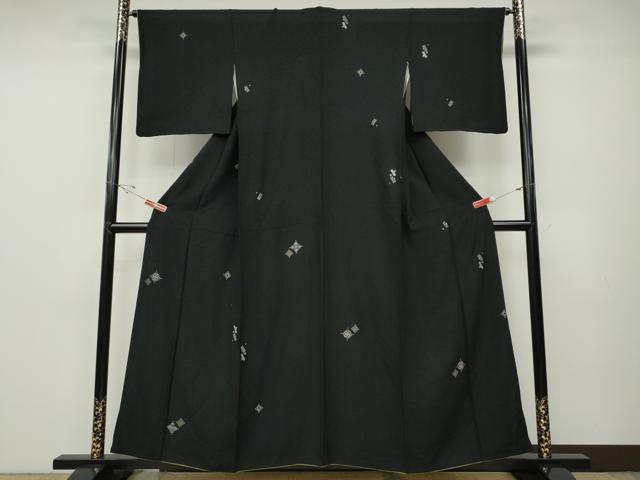 平和屋着物●上質な小紋　総刺繍　菱吉祥文　黒地　金糸　正絹　逸品　CABD7321ut
