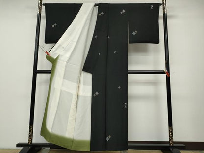 平和屋着物●上質な小紋　総刺繍　菱吉祥文　黒地　金糸　正絹　逸品　CABD7321ut