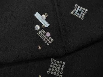 平和屋着物●上質な小紋　総刺繍　菱吉祥文　黒地　金糸　正絹　逸品　CABD7321ut