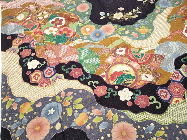 平和屋着物●豪華振袖　駒刺繍　道長吉祥花文　金通し地　正絹　逸品　CABD7327ut