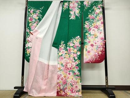 平和屋着物●豪華振袖　刺繍　舞花文　暈し染め　銀通し地　正絹　逸品　CABD7329ut