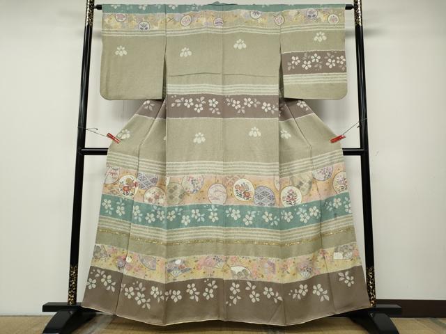 平和屋着物●京友禅作家　松井佚鴦　訪問着　駒刺繍　絞り　横段扇面花文　金銀彩　正絹　逸品　CABD7331ut