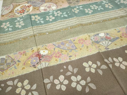 平和屋着物●京友禅作家　松井佚鴦　訪問着　駒刺繍　絞り　横段扇面花文　金銀彩　正絹　逸品　CABD7331ut