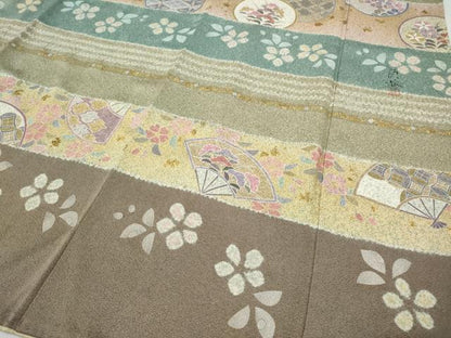平和屋着物●京友禅作家　松井佚鴦　訪問着　駒刺繍　絞り　横段扇面花文　金銀彩　正絹　逸品　CABD7331ut