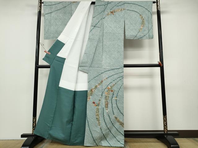 平和屋着物●訪問着　絞り　刺繍　芝草花文　金銀彩　正絹　逸品　未使用　CABD7339ut