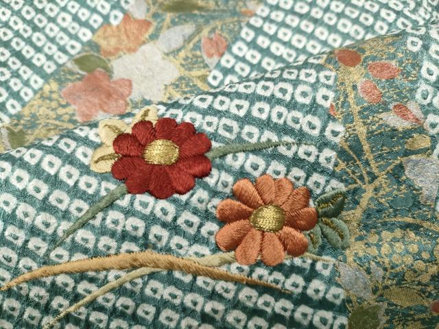 平和屋着物●訪問着　絞り　刺繍　芝草花文　金銀彩　正絹　逸品　未使用　CABD7339ut