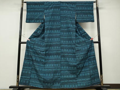 平和屋着物●上質な小紋　紬地　藍　型染め　横段吉祥花文　西武百貨店扱い　正絹　逸品　CABD7375ut