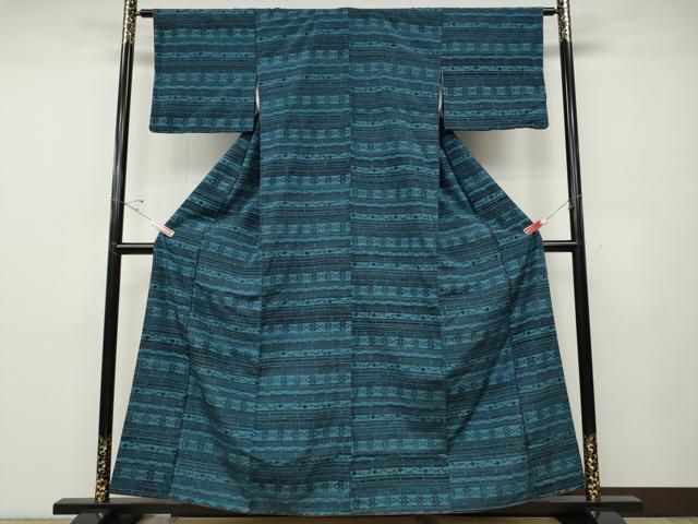 平和屋着物●上質な小紋　紬地　藍　型染め　横段吉祥花文　西武百貨店扱い　正絹　逸品　CABD7375ut