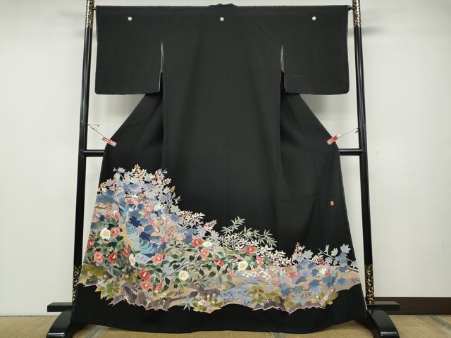 平和屋着物●本加賀友禅作家　浅野冨治男　黒留袖　孔雀花文　正絹　逸品　CABD7391ut