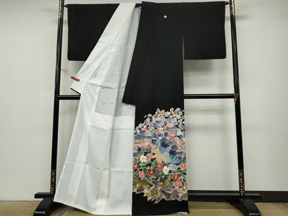平和屋着物●本加賀友禅作家　浅野冨治男　黒留袖　孔雀花文　正絹　逸品　CABD7391ut