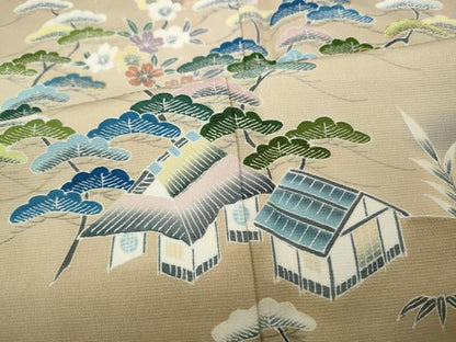平和屋着物●訪問着　風景草花文　暈し染め　金糸　正絹　逸品　CABD7404ut