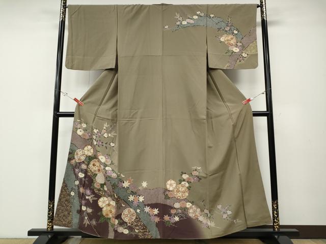 平和屋着物●訪問着　駒刺繍　雪芝枝花文　暈し染め　金彩　正絹　逸品　CABD7413ut