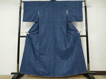 平和屋着物●上質な小紋　紬地　藍　型染め　更紗花唐草文　正絹　逸品　CABD7414ut