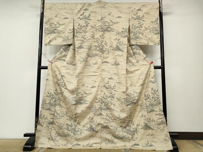 平和屋着物●訪問着　紬地　立波舟風景草花文　ますいわ屋扱い　ロング丈　正絹　逸品　CABD7430ut