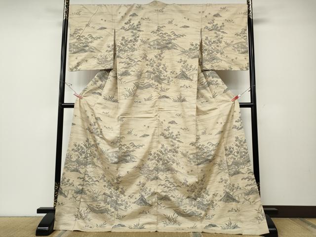 平和屋着物●訪問着　紬地　立波舟風景草花文　ますいわ屋扱い　ロング丈　正絹　逸品　CABD7430ut