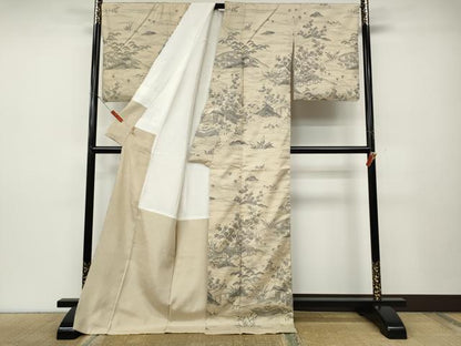 平和屋着物●訪問着　紬地　立波舟風景草花文　ますいわ屋扱い　ロング丈　正絹　逸品　CABD7430ut