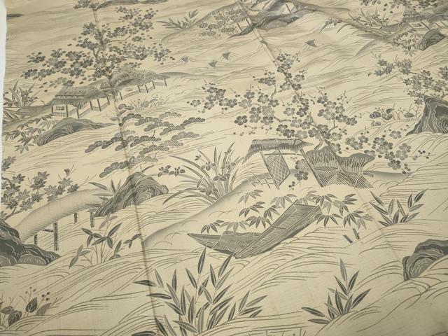 平和屋着物●訪問着　紬地　立波舟風景草花文　ますいわ屋扱い　ロング丈　正絹　逸品　CABD7430ut