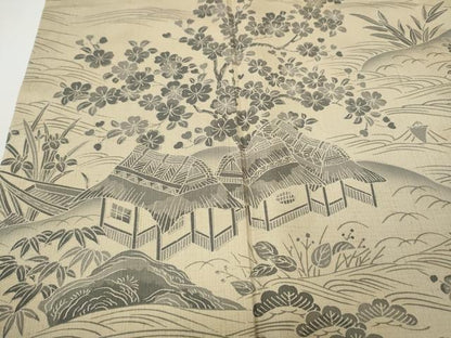 平和屋着物●訪問着　紬地　立波舟風景草花文　ますいわ屋扱い　ロング丈　正絹　逸品　CABD7430ut
