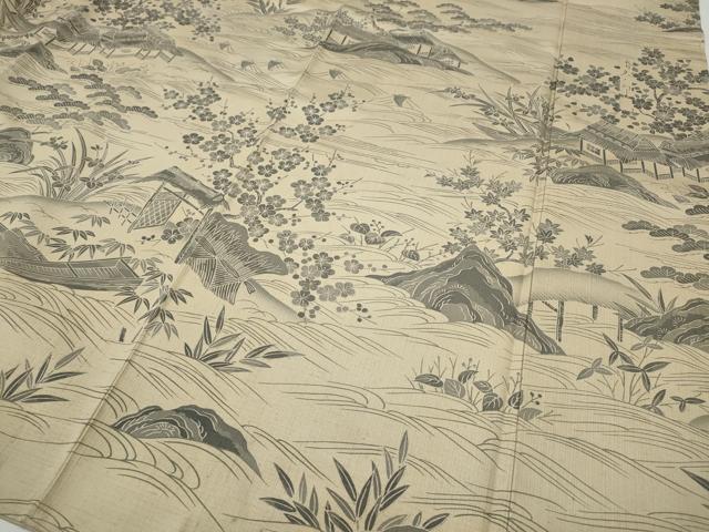 平和屋着物●訪問着　紬地　立波舟風景草花文　ますいわ屋扱い　ロング丈　正絹　逸品　CABD7430ut