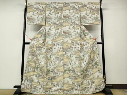 平和屋着物●上質なお召　雲取り風景人物文　正絹　逸品　CABD7431ut