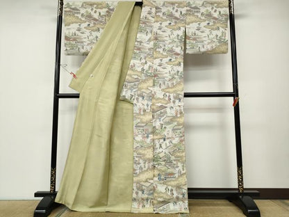 平和屋着物●上質なお召　雲取り風景人物文　正絹　逸品　CABD7431ut
