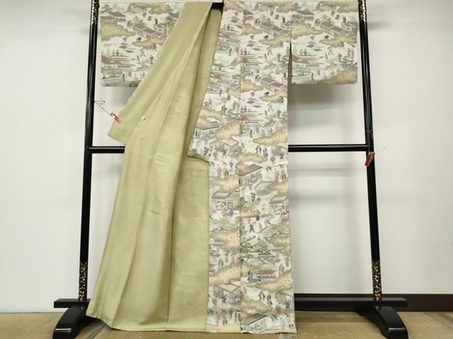 平和屋着物●上質なお召　雲取り風景人物文　正絹　逸品　CABD7431ut