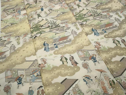 平和屋着物●上質なお召　雲取り風景人物文　正絹　逸品　CABD7431ut
