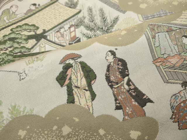 平和屋着物●上質なお召　雲取り風景人物文　正絹　逸品　CABD7431ut