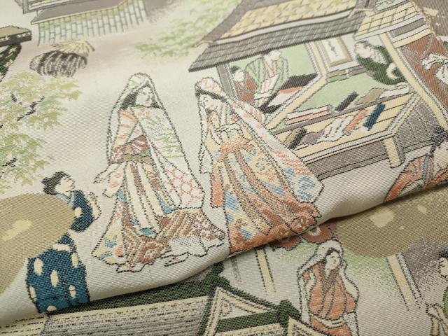 平和屋着物●上質なお召　雲取り風景人物文　正絹　逸品　CABD7431ut