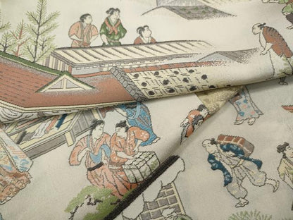 平和屋着物●上質なお召　雲取り風景人物文　正絹　逸品　CABD7431ut