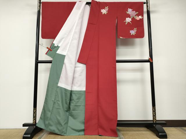 平和屋着物●訪問着　舞花文　朱色　金彩　洗える着物　CABD7436ut