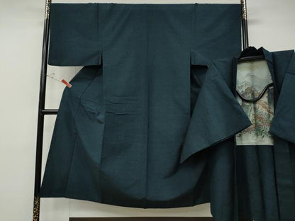 平和屋着物●男性　髭紬　アンサンブル　色無地　御召御納戸色　正絹　逸品　CABD7446ut