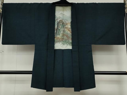 平和屋着物●男性　髭紬　アンサンブル　色無地　御召御納戸色　正絹　逸品　CABD7446ut